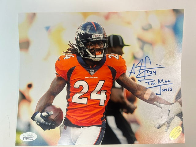 Adam "PacMan" Jones Denver Broncos Autographed 8x10 Photo JSA COA (Holding Football)