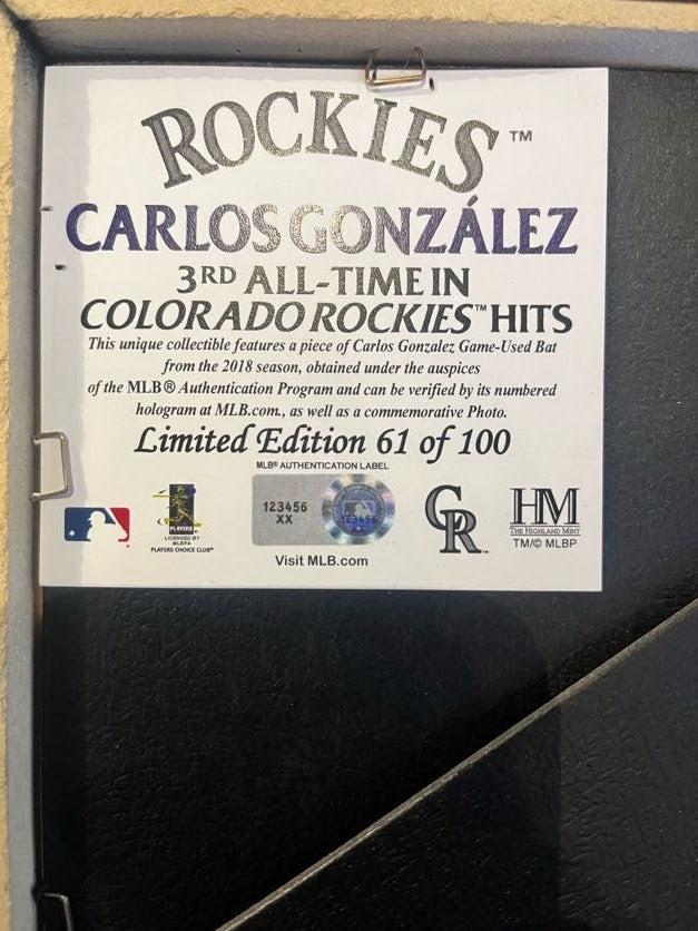 Carlos Gonzalez Highland Mint Photo w/ Game Used Bat Piece