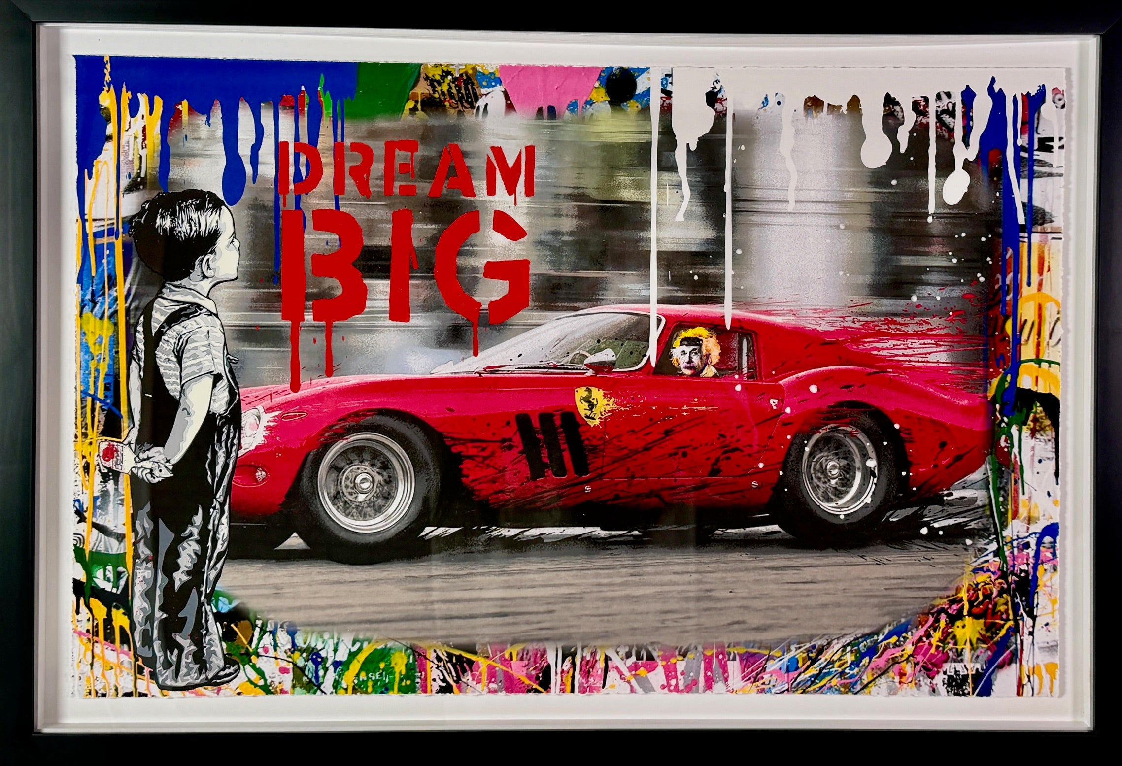 Dream Big Einstein in Red Corvette Framed Art- Motivational Wall Décor