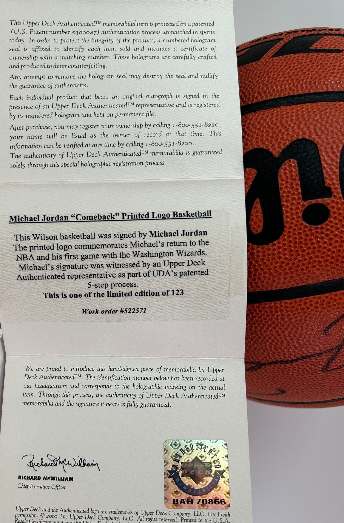 Autographed UDA Michael Jordan "Comeback" Wilson Jet Basketball Upper Deck/Fanatics COA