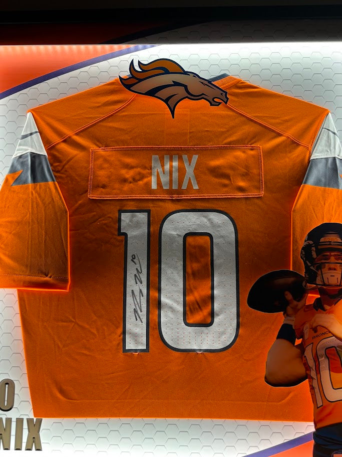 Bo Nix Autographed Nike Orange Broncos Jersey Lighted Shadowbox Framed