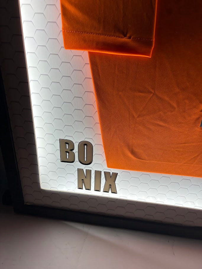 Bo Nix Autographed Nike Orange Broncos Jersey Lighted Shadowbox Framed