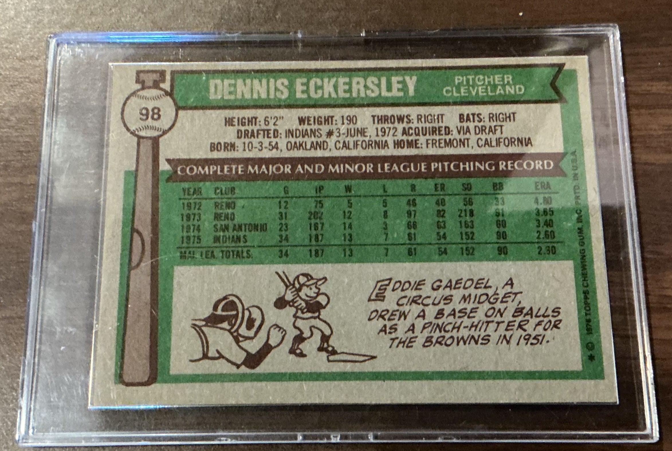 Dennis Eckersley 1976 Topps #98 Rookie Card — Cleveland Indians