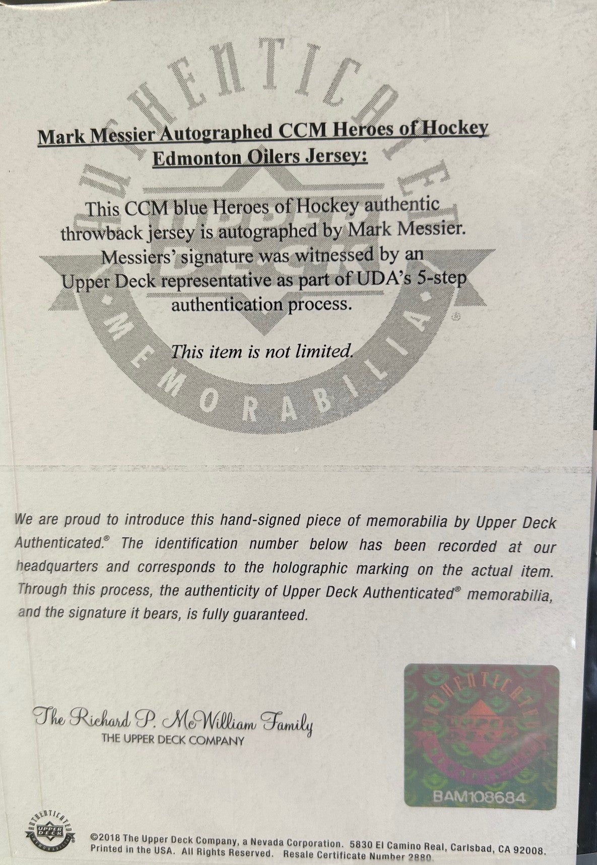 Mark Messier Autographed Edmonton Oilers Hockey Jersey UDA COA