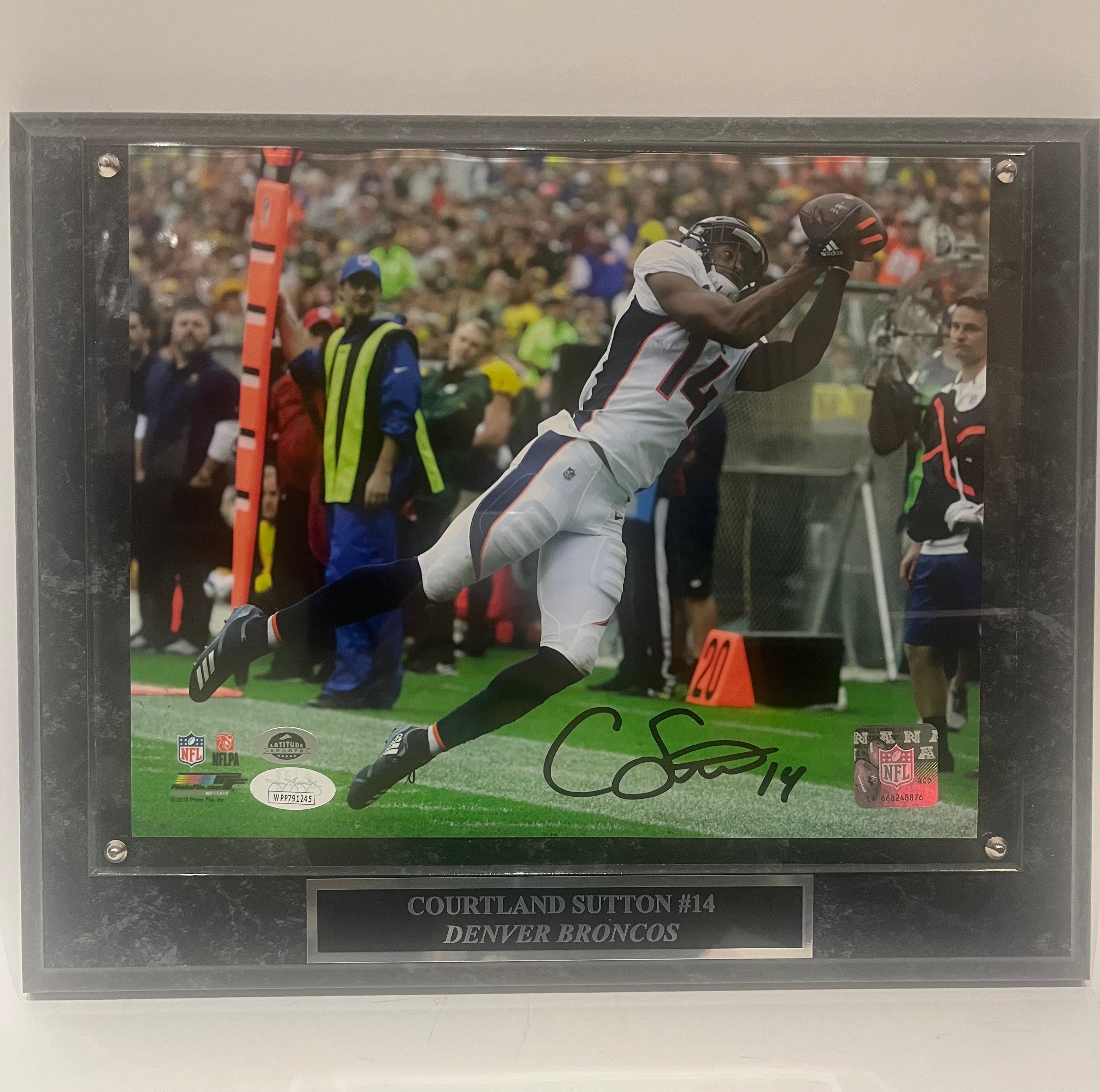 Courtland Sutton Autographed Denver Broncos 8x10 Photo with Plaque JSA COA