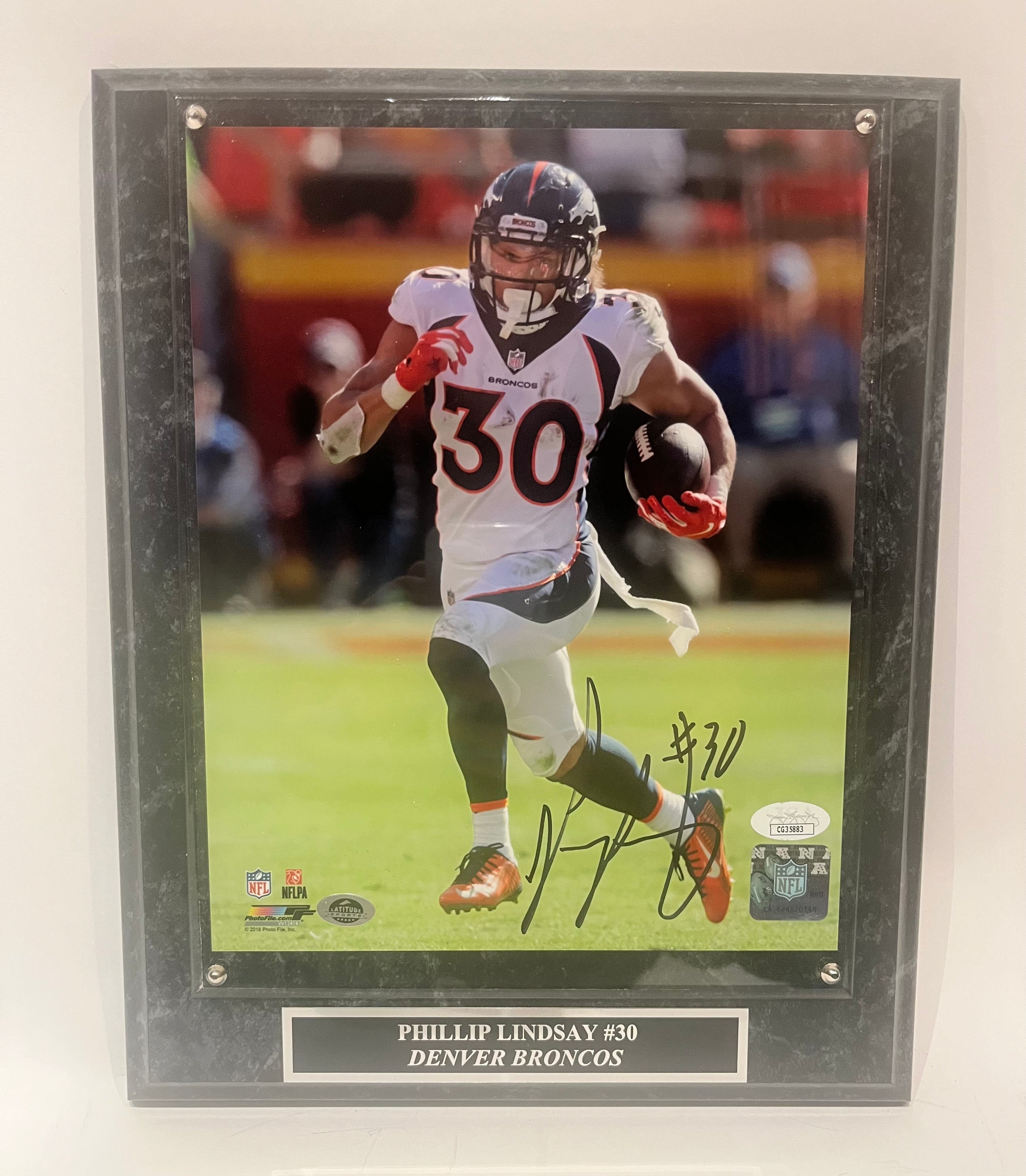 Phillip Lindsay Autographed Denver Broncos 8x10 Photo With Plaque JSA COA