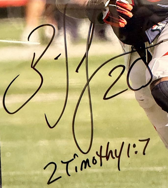 Brian Dawkins Denver Broncos Autographed 8x10 Photo Inscribed "2 Timothy 1:7" w/ Plaque JSA COA