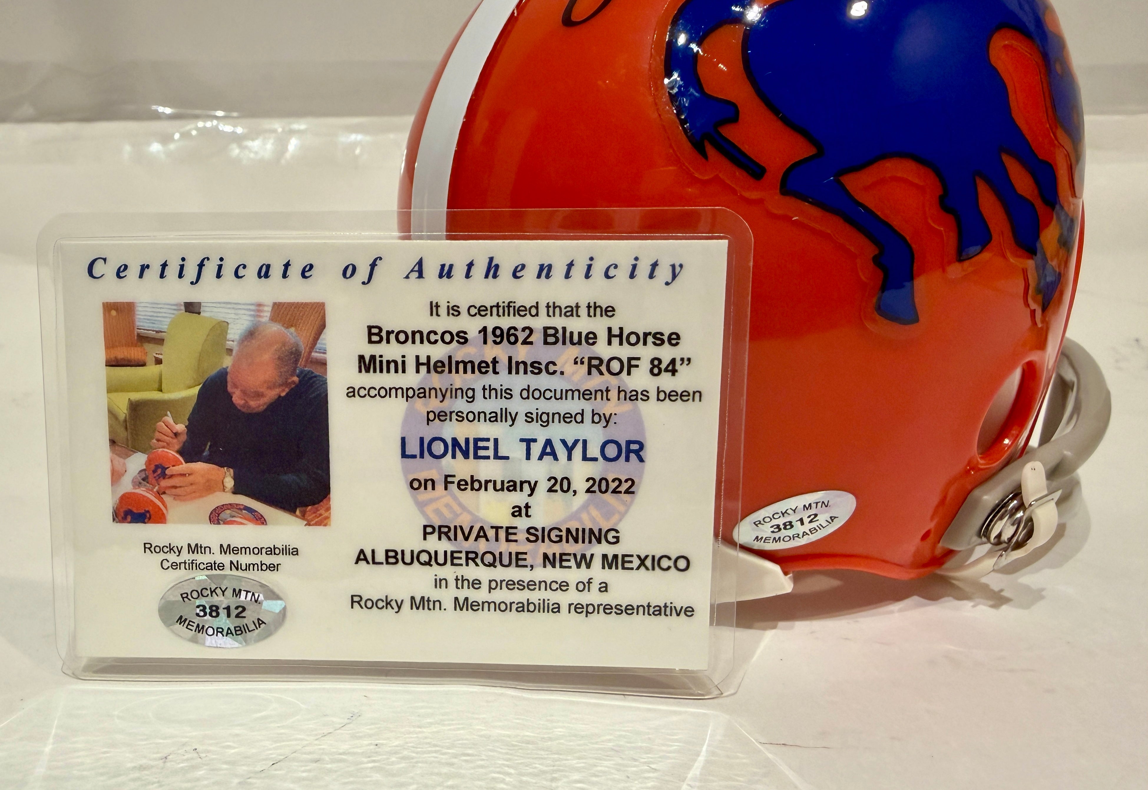 Lionel Taylor Autographed Denver Broncos Blue Horse Mini Helmet - Inscribed 'ROF '84' - Rocky Mountain COA