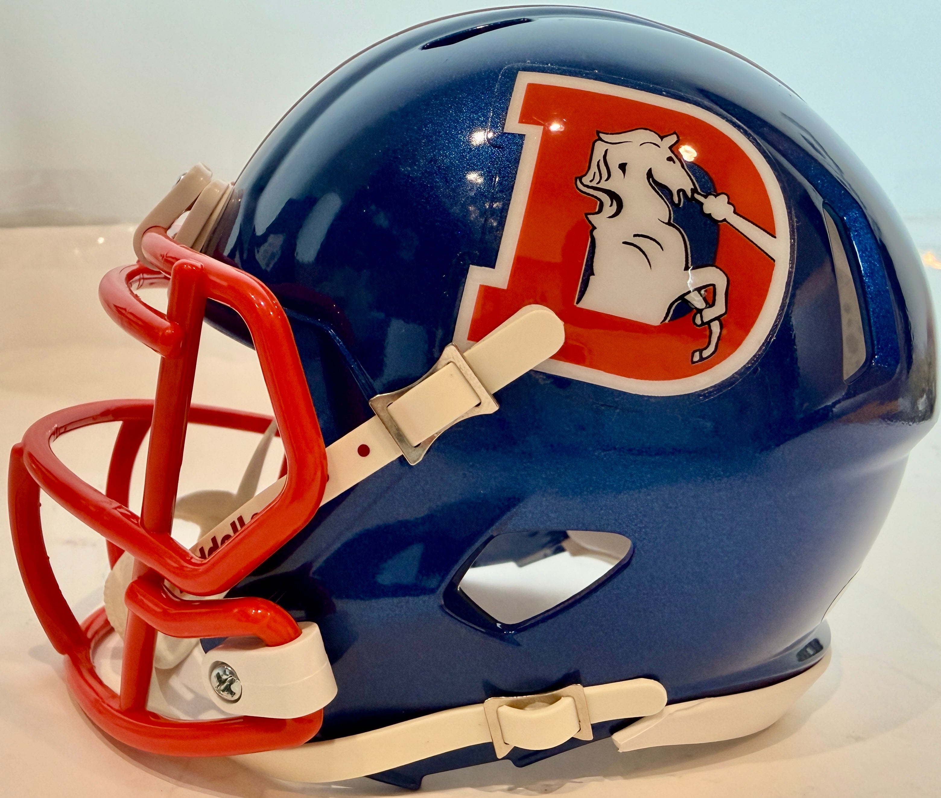 Dennis Smith Autographed Denver Broncos Blue Metallic Orange Mask Mini Helmet - Inscribed 'ROF '01' - JSA Certified