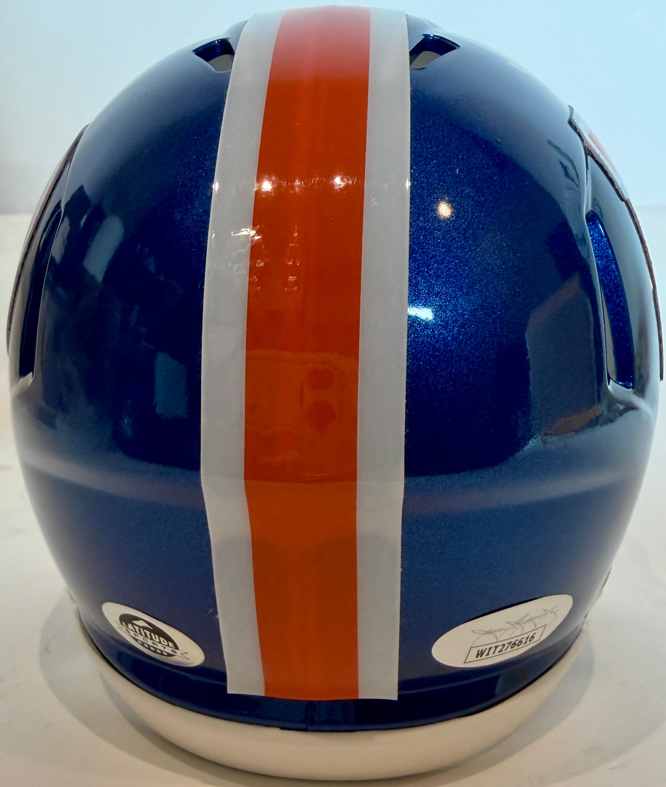 Dennis Smith Autographed Denver Broncos Blue Metallic Orange Mask Mini Helmet - Inscribed 'ROF '01' - JSA Certified