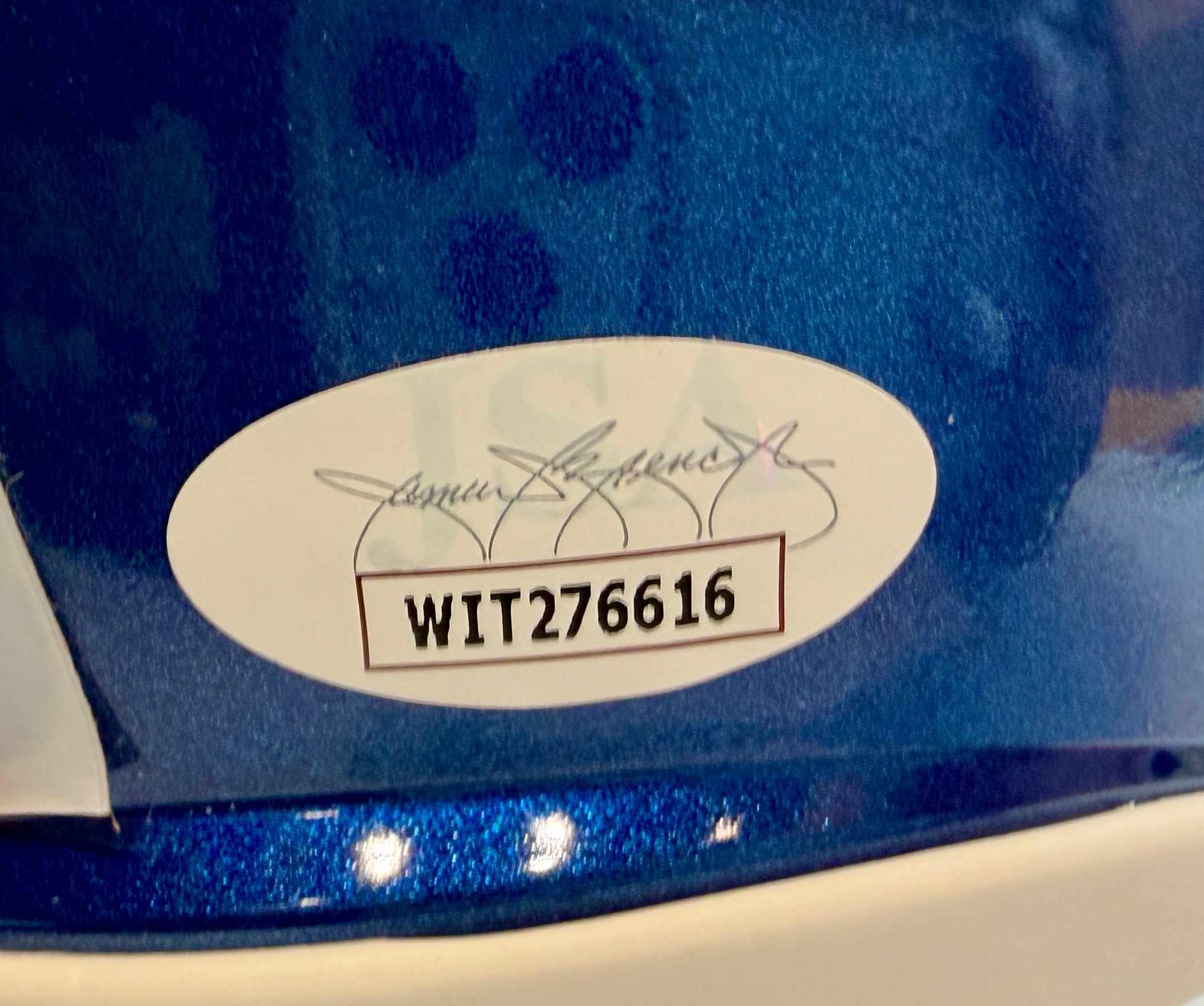 Dennis Smith Autographed Denver Broncos Blue Metallic Orange Mask Mini Helmet - Inscribed 'ROF '01' - JSA Certified