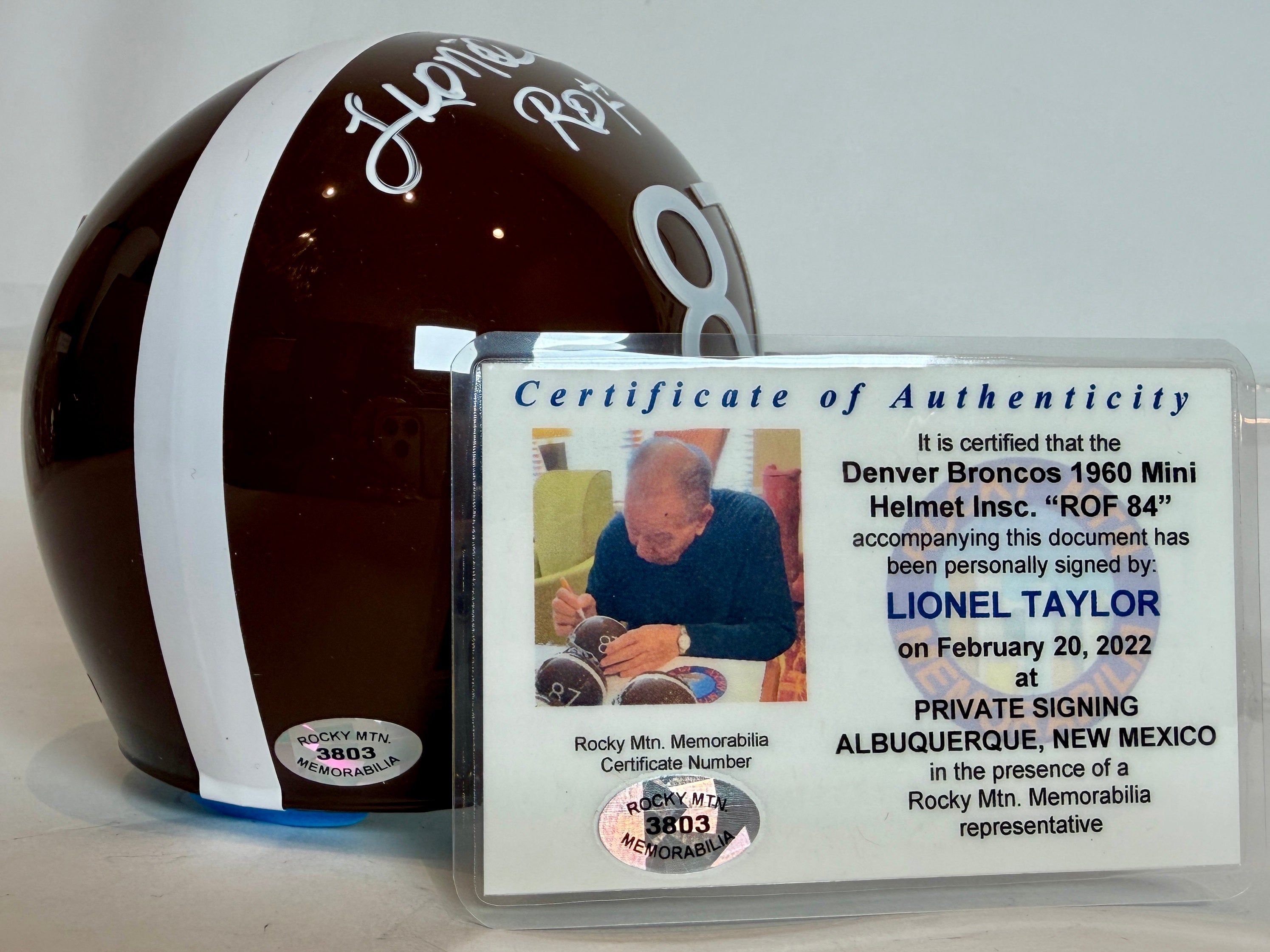 Lionel Taylor Autographed Denver Broncos Brown 60s Mini Helmet - Inscribed 'ROF 84' - Rocky Mountain COA