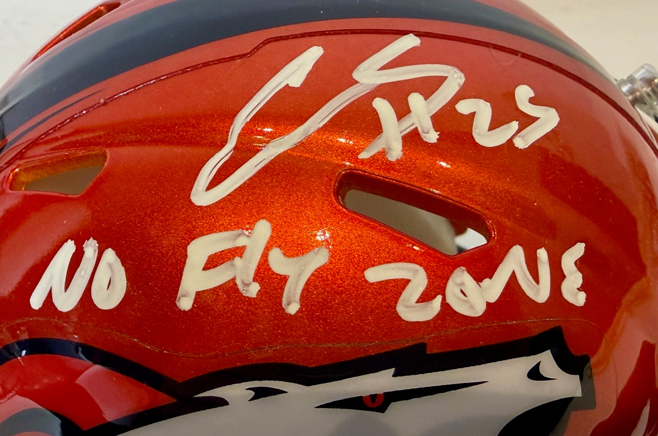 Chris Harris Jr. Autographed Flash Mini Helmet Inscribed "No Fly Zone" Beckett COA - Latitude Sports Marketing