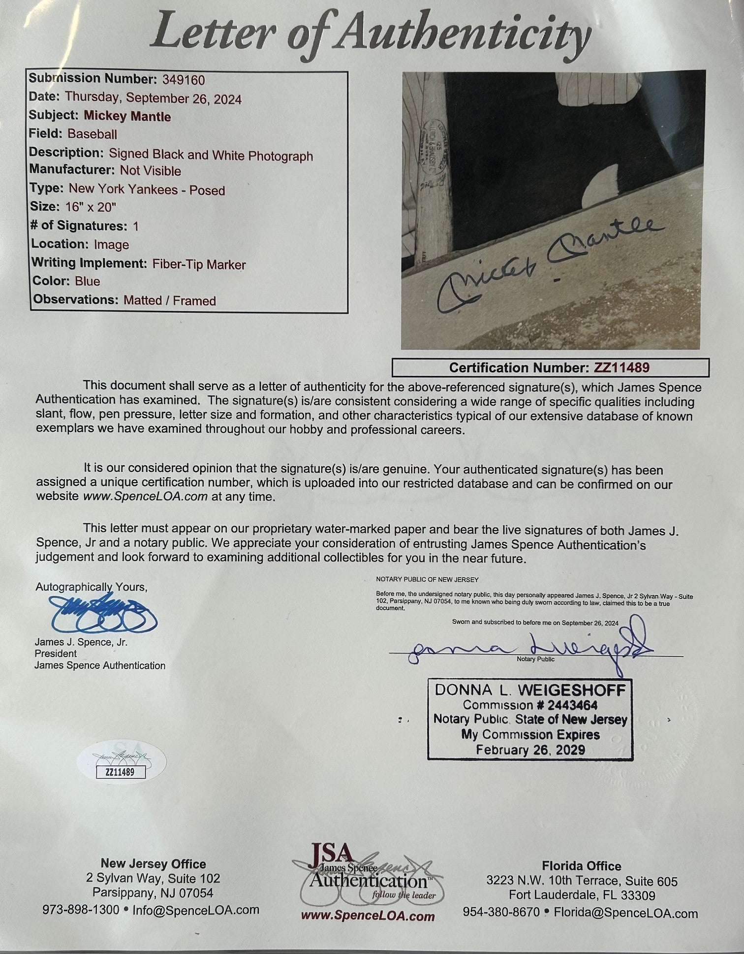 Mickey Mantle Autographed 16x20 Photo Framed JSA LOA