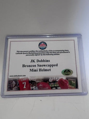 JK Dobbins Autographed Denver Broncos Snowcapped Mini Helmet – JSA Certified