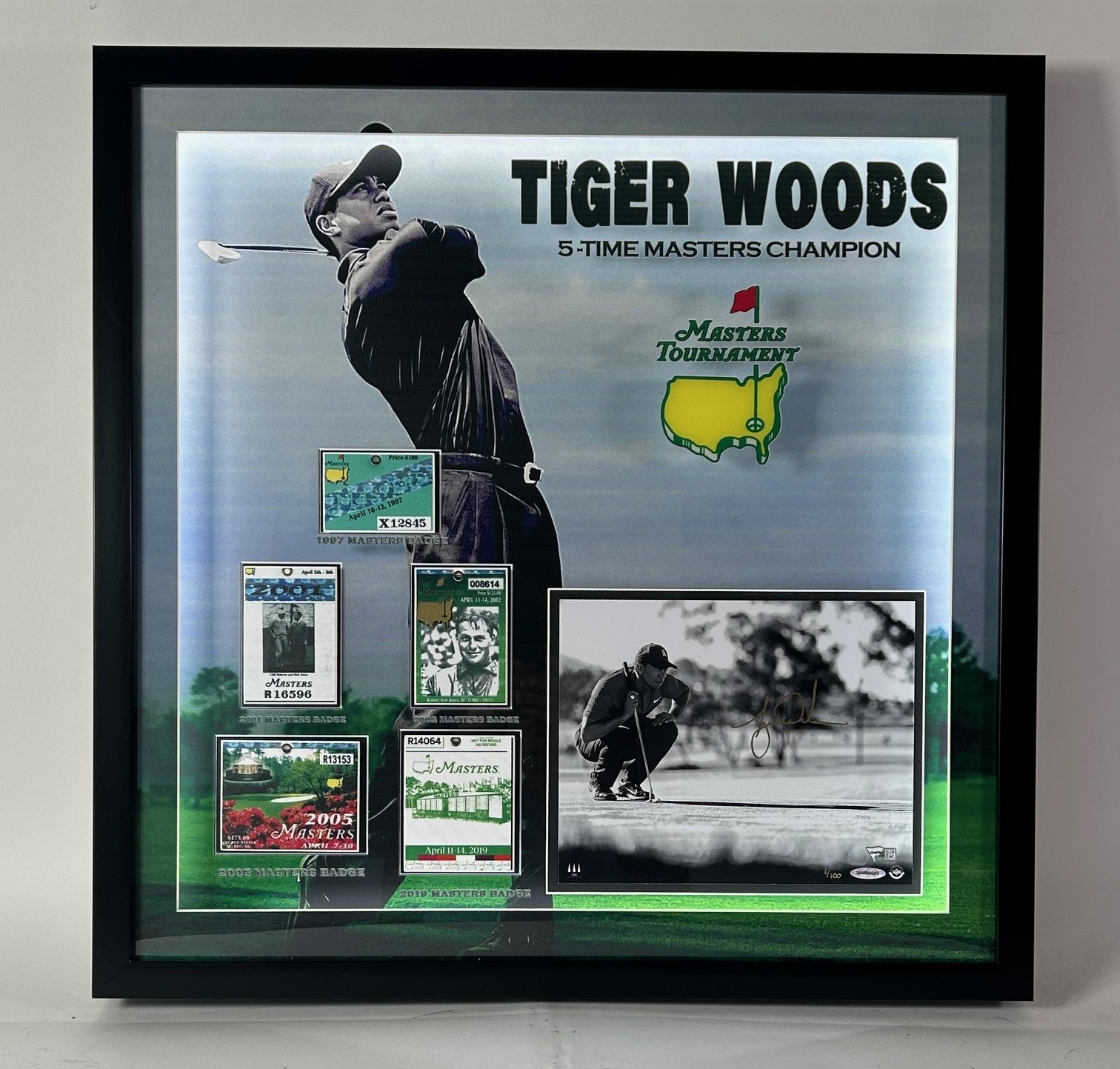 Tiger Woods 5-Time Masters Champion Collage w/Credentials UDA LE 100 Autographed Photo in Lighted Shadowbox 25.5"x25.5" Frame