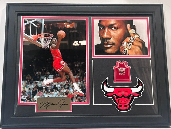 Michael Jordan Chicago Bulls Laser Autographed 14x18 Framed Photo Collage