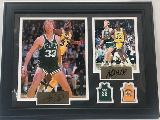 Larry Bird & Magic Johnson Framed Photo & Pin Collage with Laser Autographs 14x18