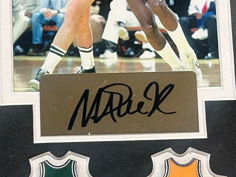 Larry Bird & Magic Johnson Framed Photo & Pin Collage with Laser Autographs 14x18