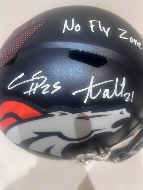 Chris Harris Jr. & Aqib Talib Denver Broncos Autographed Navy Blue Replica Helmet Inscribed "No Fly Zone" – BAS COA
