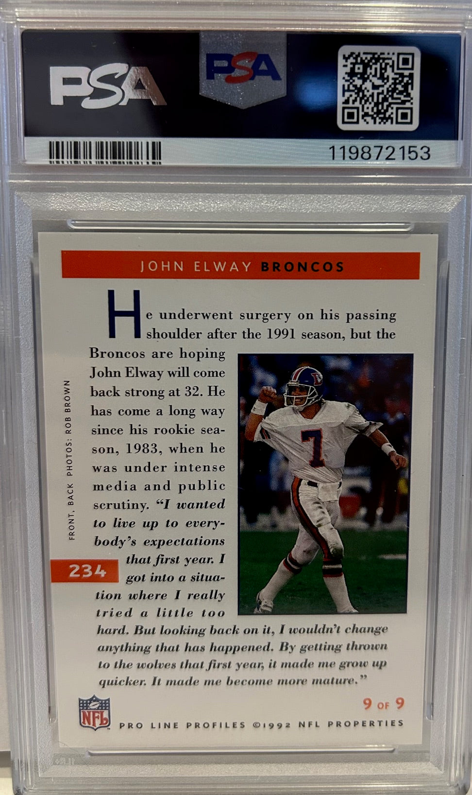 1992 Proline Profiles Trading Card #234 John Elway NM-MT 8 Auto 10 PSA/DNA Cert