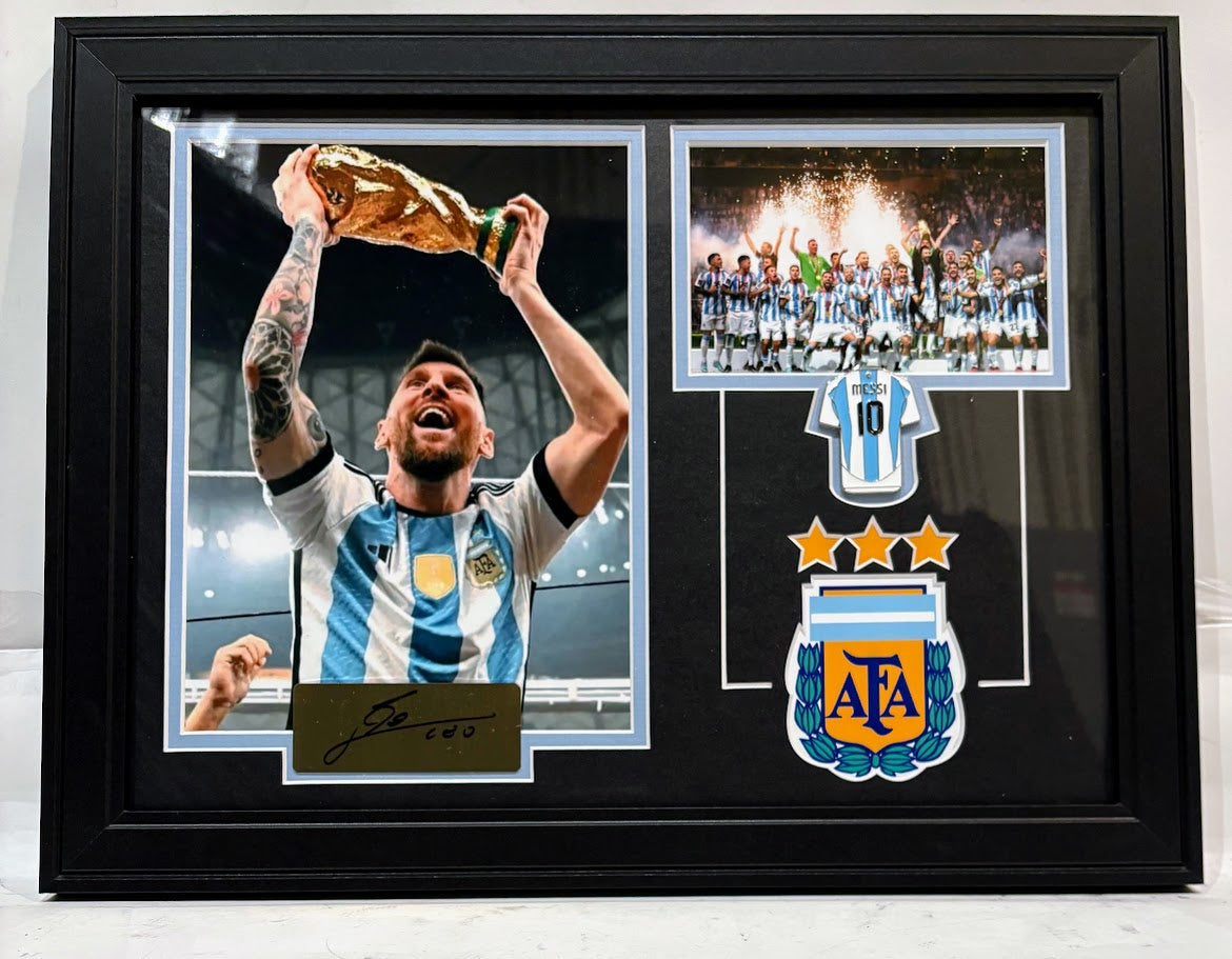 Lionel Messi Framed Argentina World Cup Photo & Pin Collage with Laser Autograph – 14x18