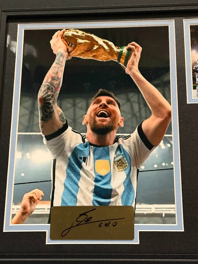 Lionel Messi Framed Argentina World Cup Photo & Pin Collage with Laser Autograph – 14x18