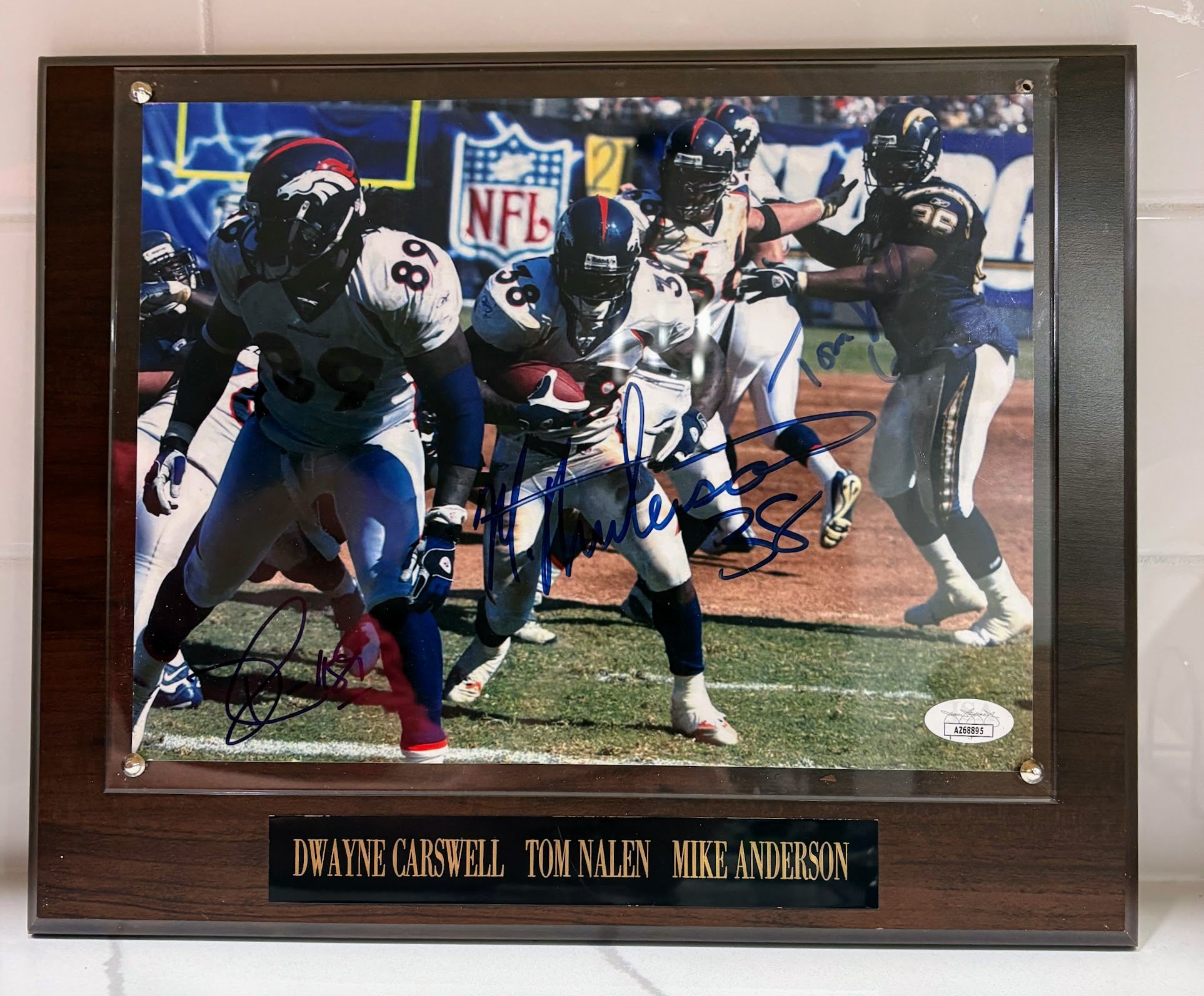Dwayne Carswell, Tom Nalen & Mike Anderson Triple Autographed 8x10 Photo with Plaque — Denver Broncos | JSA COA