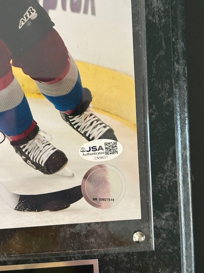 Joe Sakic Autographed 8x10 Photo — Colorado Avalanche Action Shot with Plaque | JSA COA, 2x Stanley Cup Champion