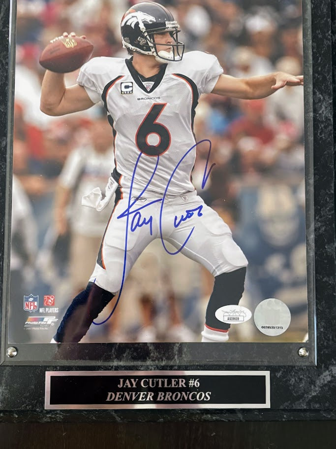Jay Cutler Autographed 8x10 Photo — Denver Broncos with Plaque | JSA COA