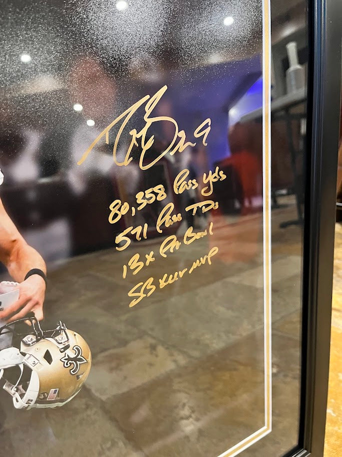 Drew Brees Autographed 16x20 Photo w/ Stats Inscriptions Framed Fanatics COA