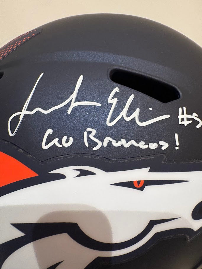 Jonah Elliss Autographed Denver Broncos Navy Replica Helmet Inscribed "Go Broncos!" & "Mile High" — BAS COA
