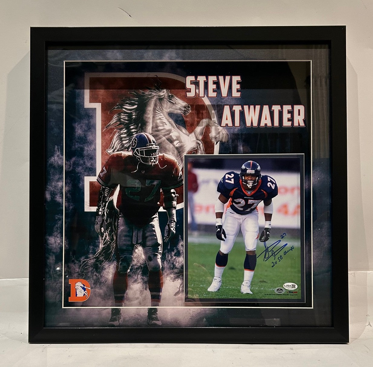 Steve Atwater Autographed & Inscribed '2X SB Champs' 8x10 Photo – 21.5"x21.5" 3D Frame (JSA COA) - Latitude Sports Marketing