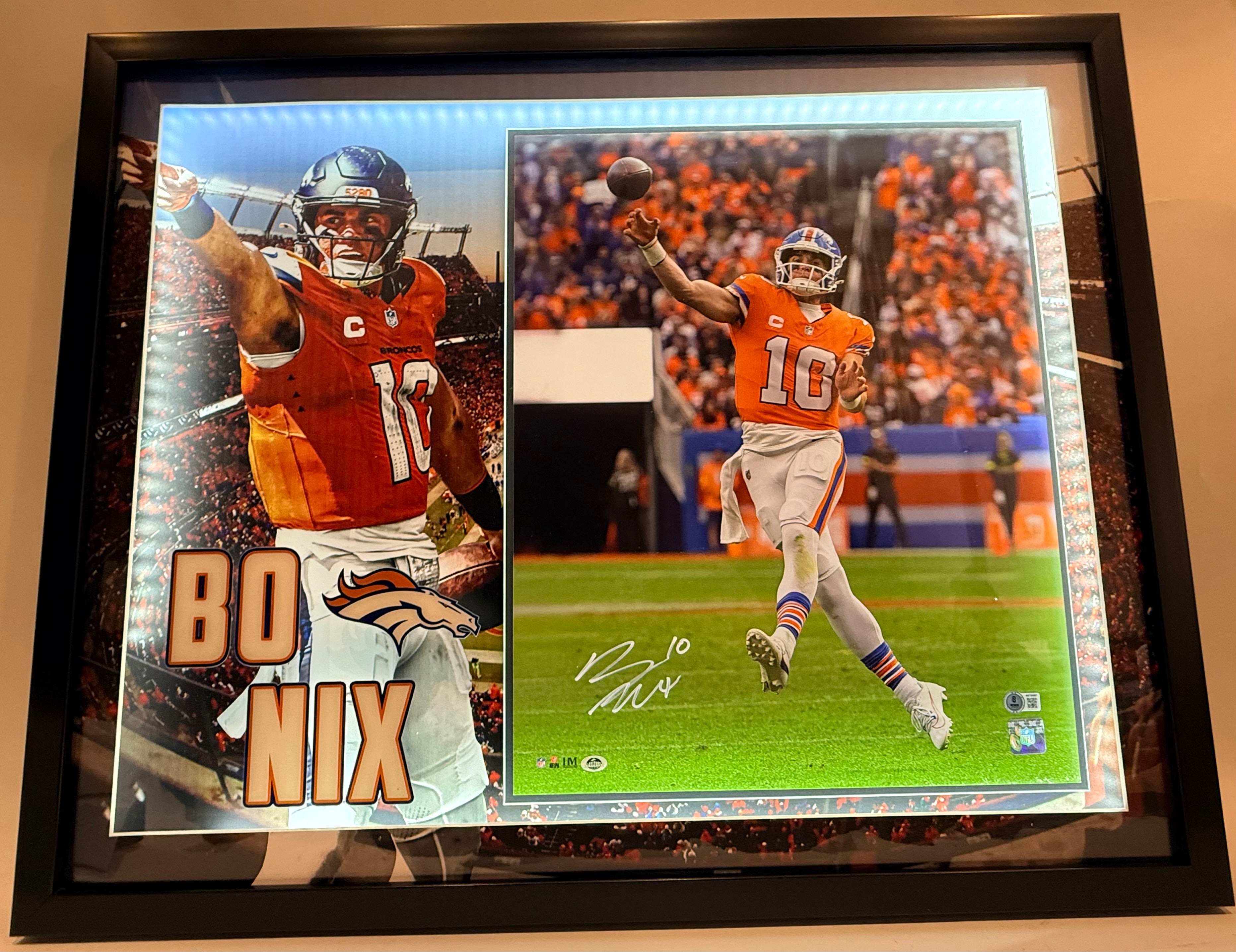 Bo Nix Autographed 16x20 Photo Denver Broncos With Deluxe 3D Lighted Frame BAS COA
