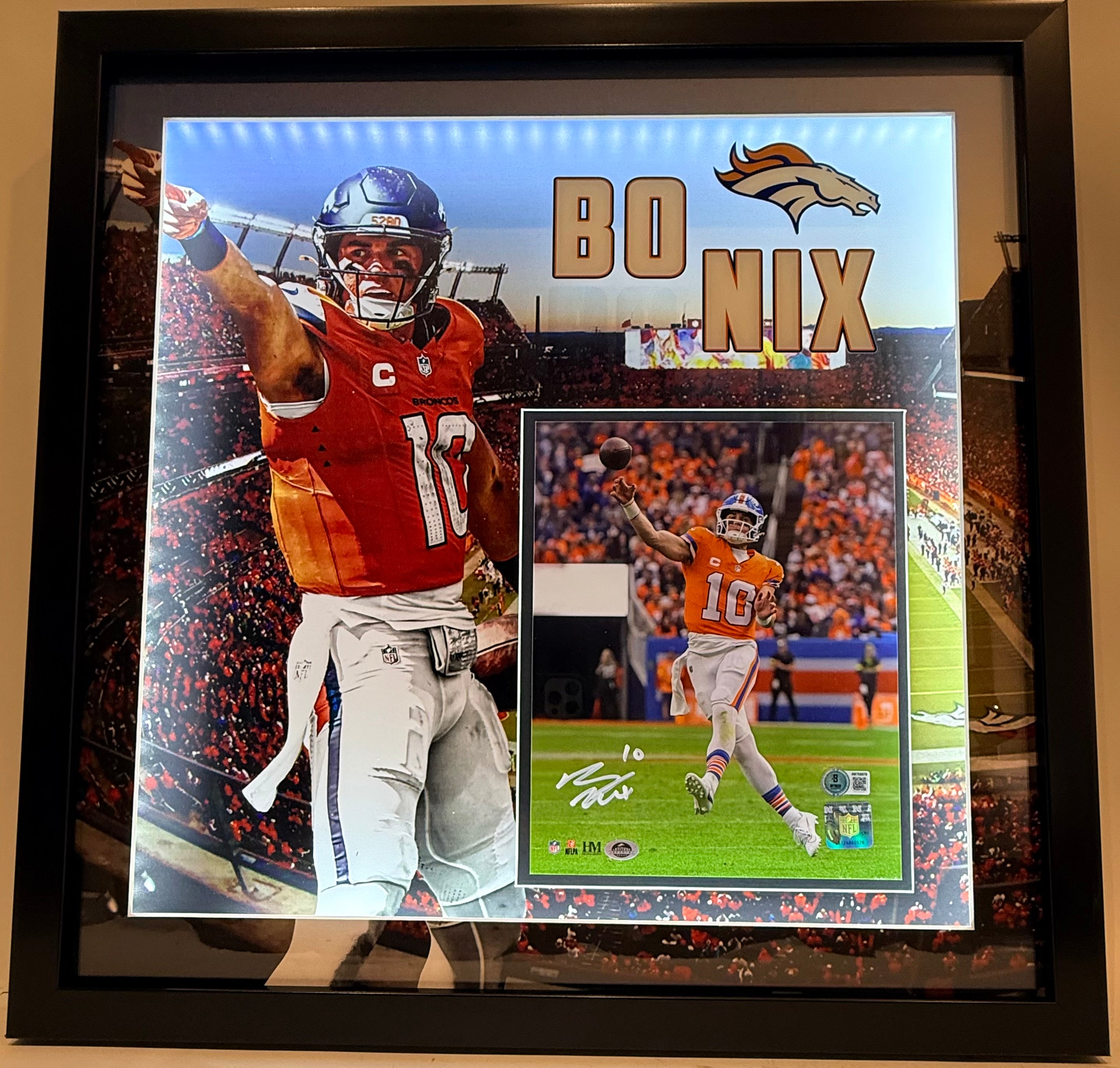 Bo Nix Autographed 8x10 Photo – Denver Broncos Deluxe 3D Lighted Frame | BAS COA (21.5" x 21.5")