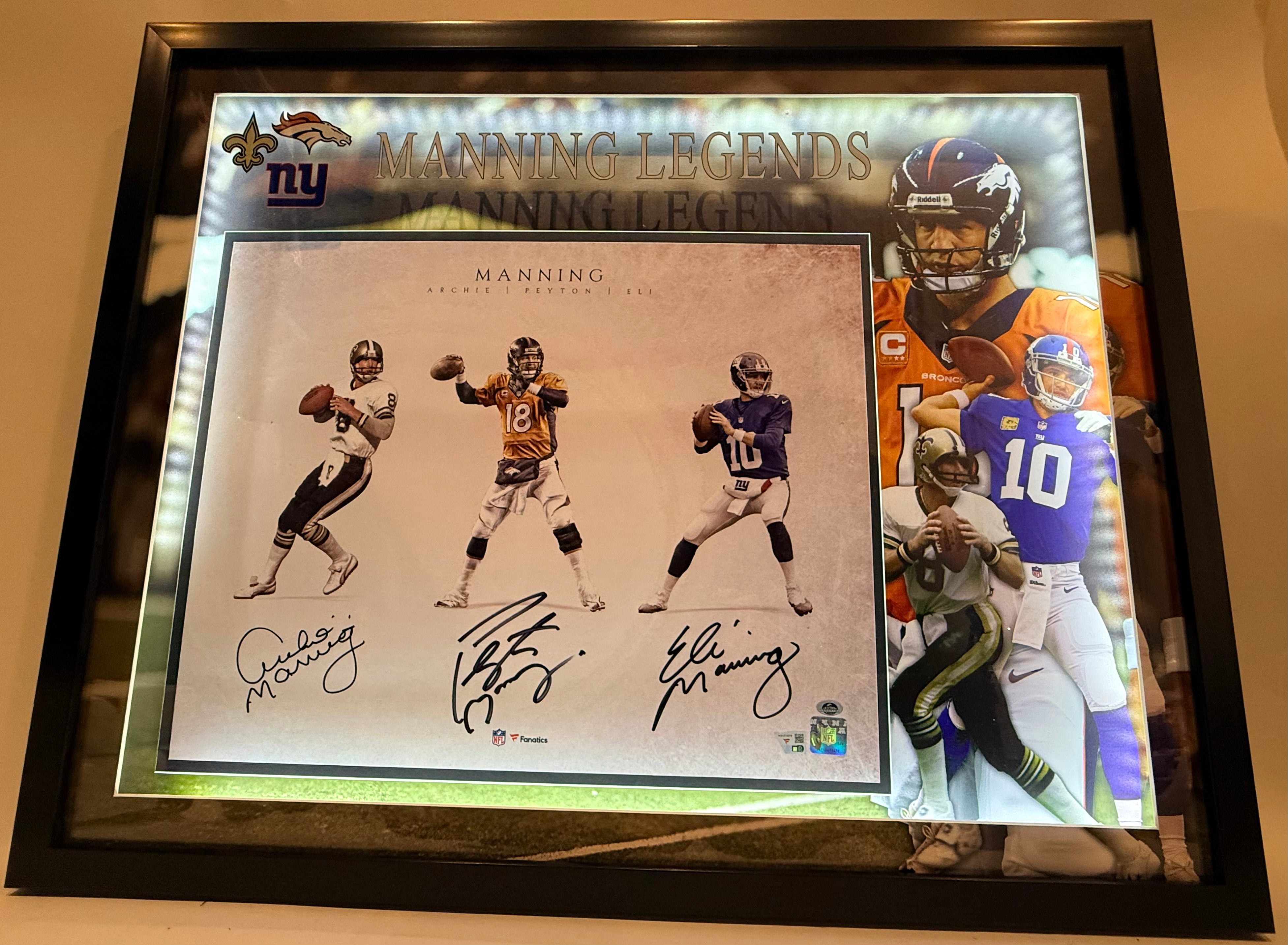 Manning Family Autographed 16x20 Photo — Archie, Peyton & Eli Manning Deluxe 3D Lighted Frame | Fanatics COA