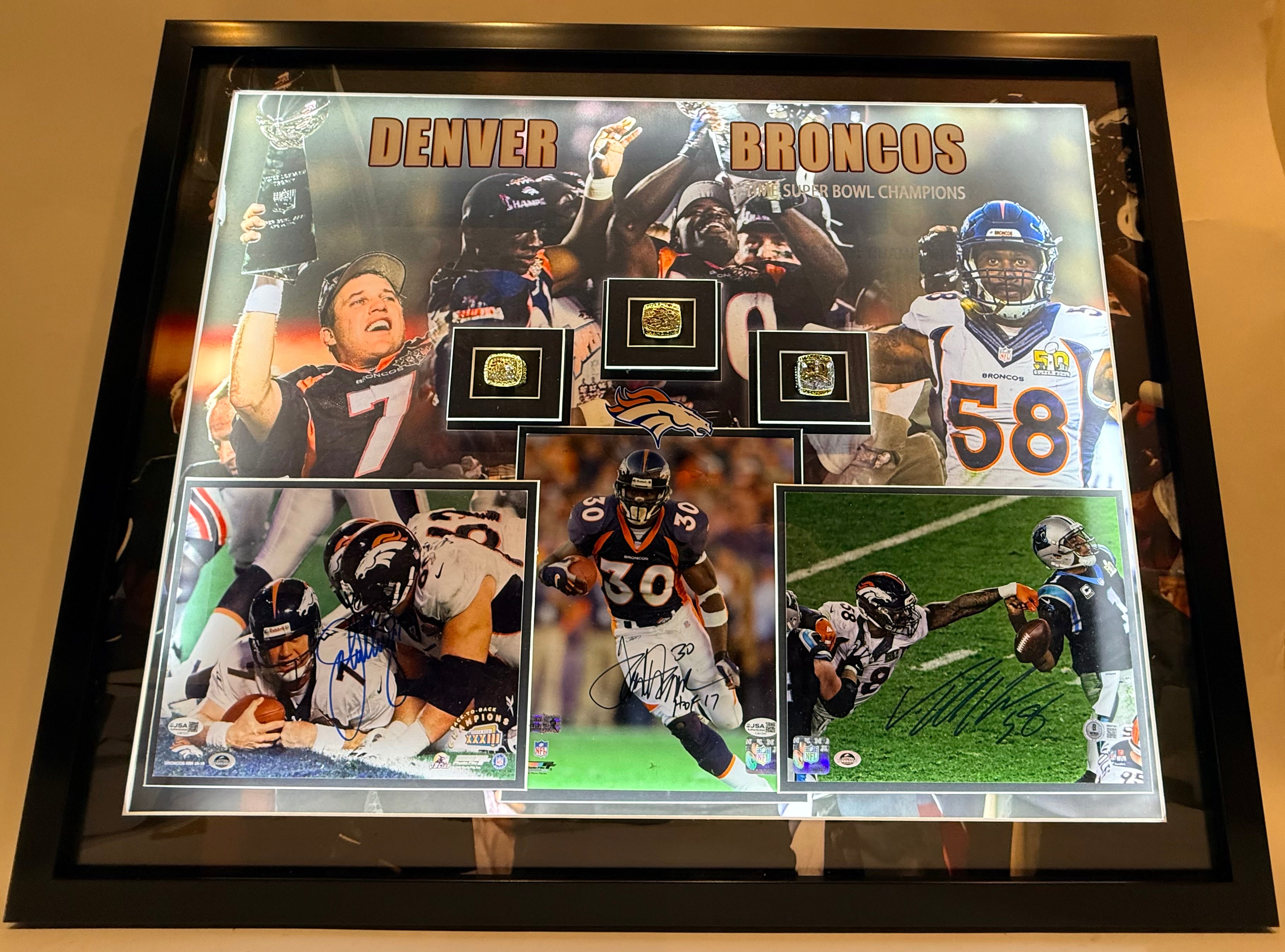 John Elway, Terrell Davis & Von Miller Autographed 8x10 Photos — Denver Broncos 3x Super Bowl MVP Set with Replica Rings | JSA & Beckett COA