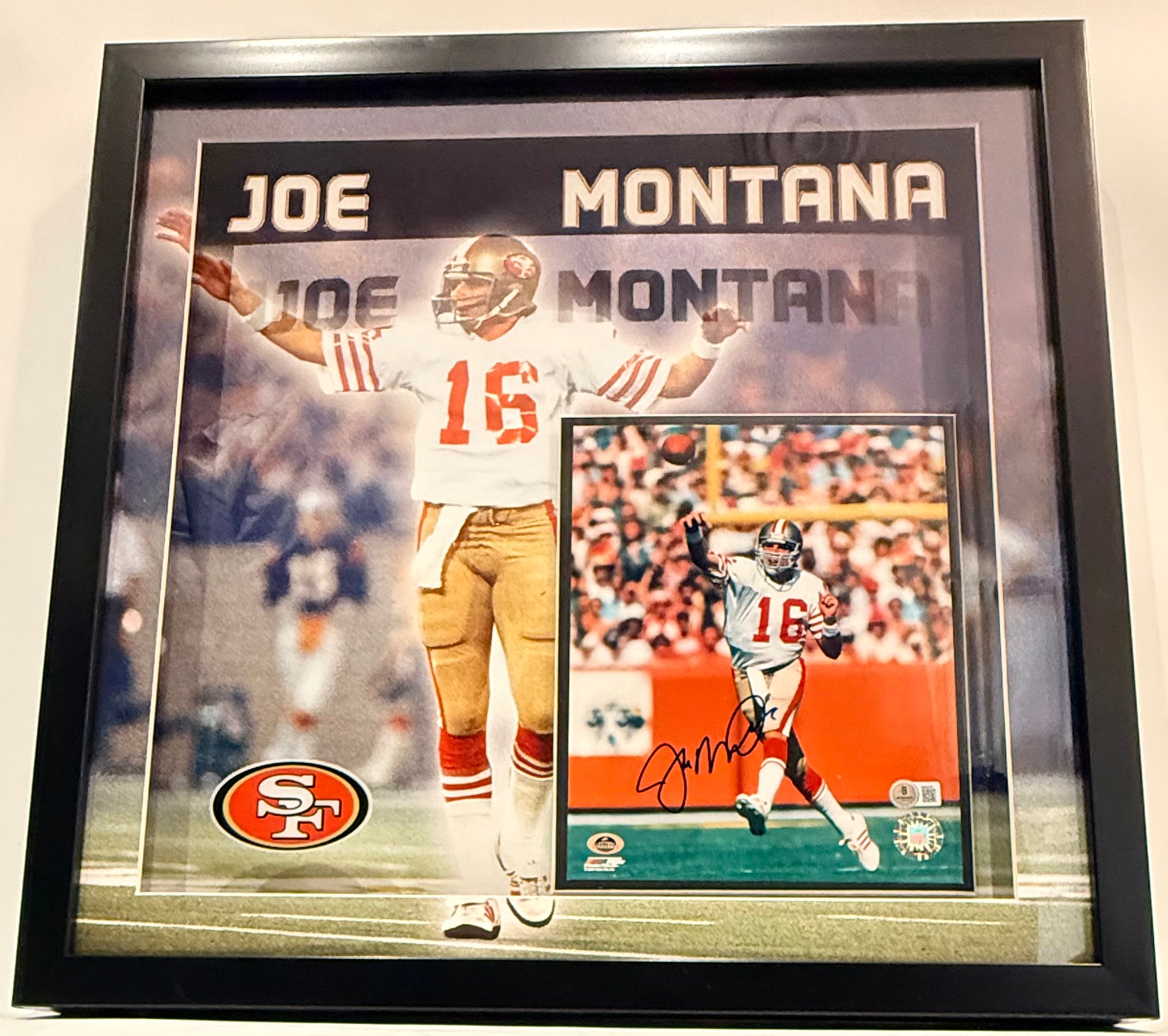 Joe Montana Autographed 8x10 Photo — San Francisco 49ers | Deluxe 3D Lighted Shadowbox Frame | BAS COA