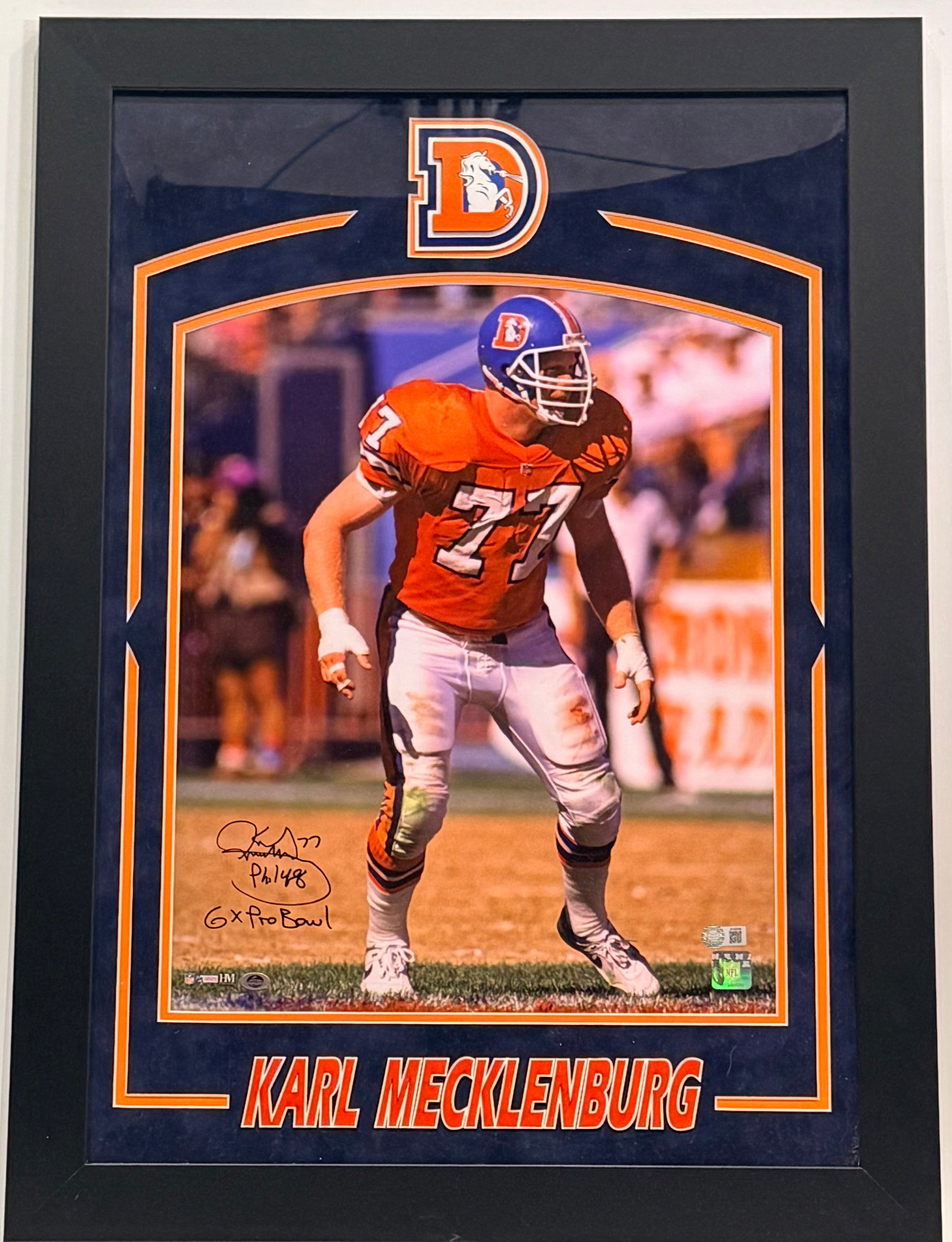 Karl Mecklenburg Autographed 16x20 Photo With "Phil 4:8" And "6X Pro Bowl" Inscriptions Denver Broncos Schwartz COA