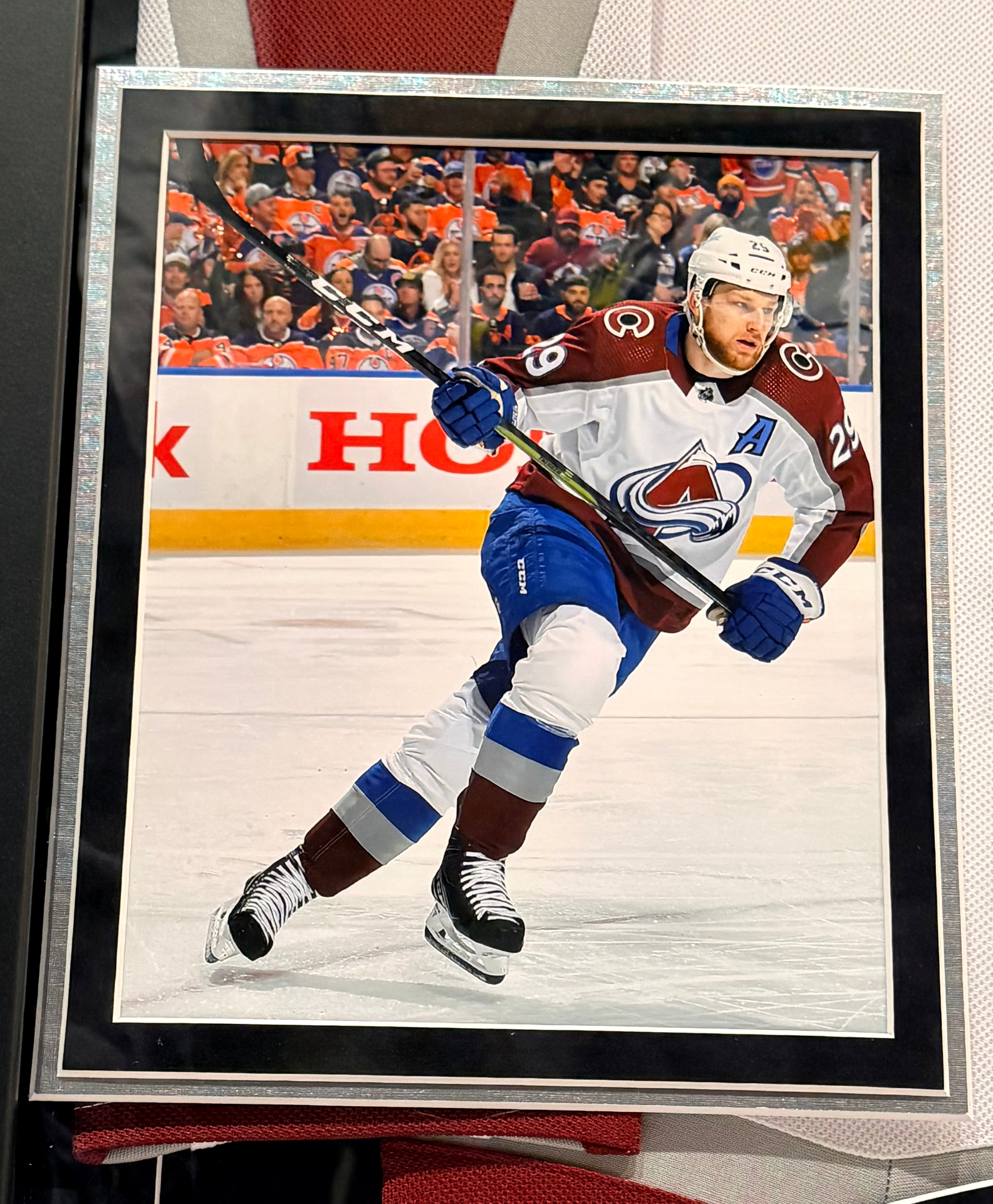 Nathan MacKinnon Autographed White Jersey – Colorado Avalanche | (2) 8x10 Photos & Deluxe Frame | Fanatics COA