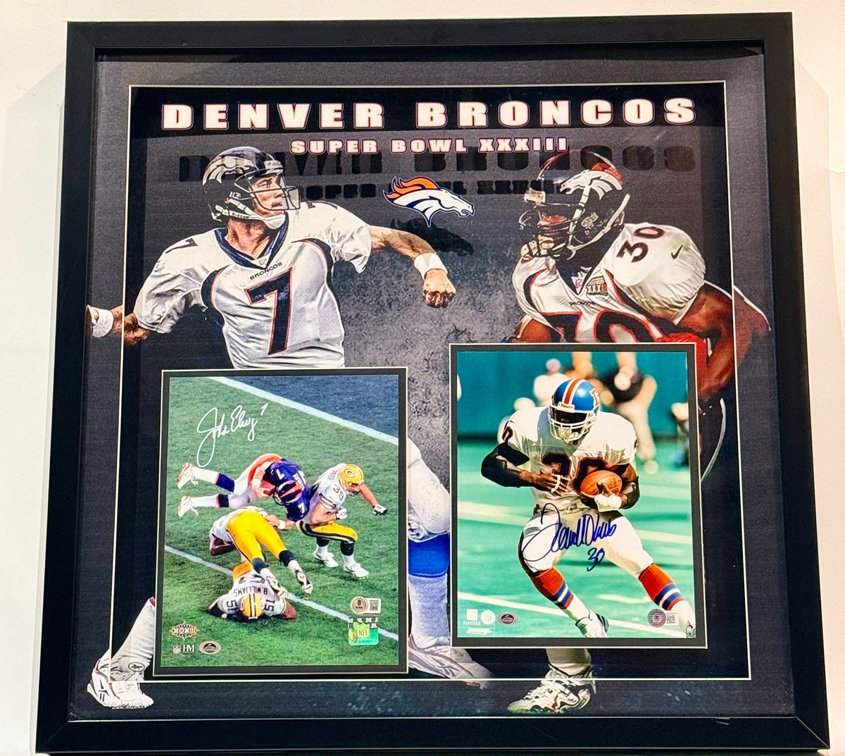 John Elway & Terrell Davis Dual Autographed 8x10 Photos With Custom Deluxe Lighted Shadowbox Frame – BSA COA