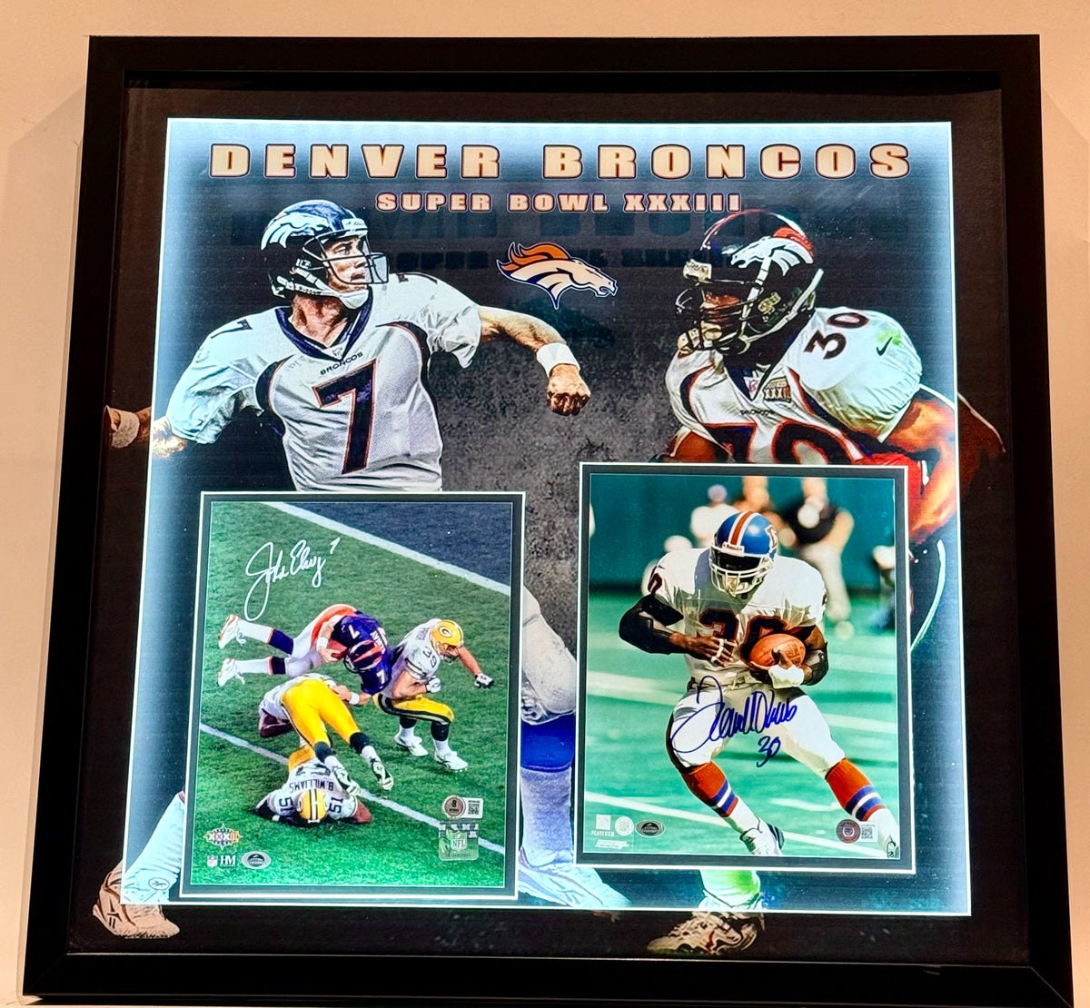 John Elway & Terrell Davis Dual Autographed 8x10 Photos With Custom Deluxe Lighted Shadowbox Frame – BSA COA