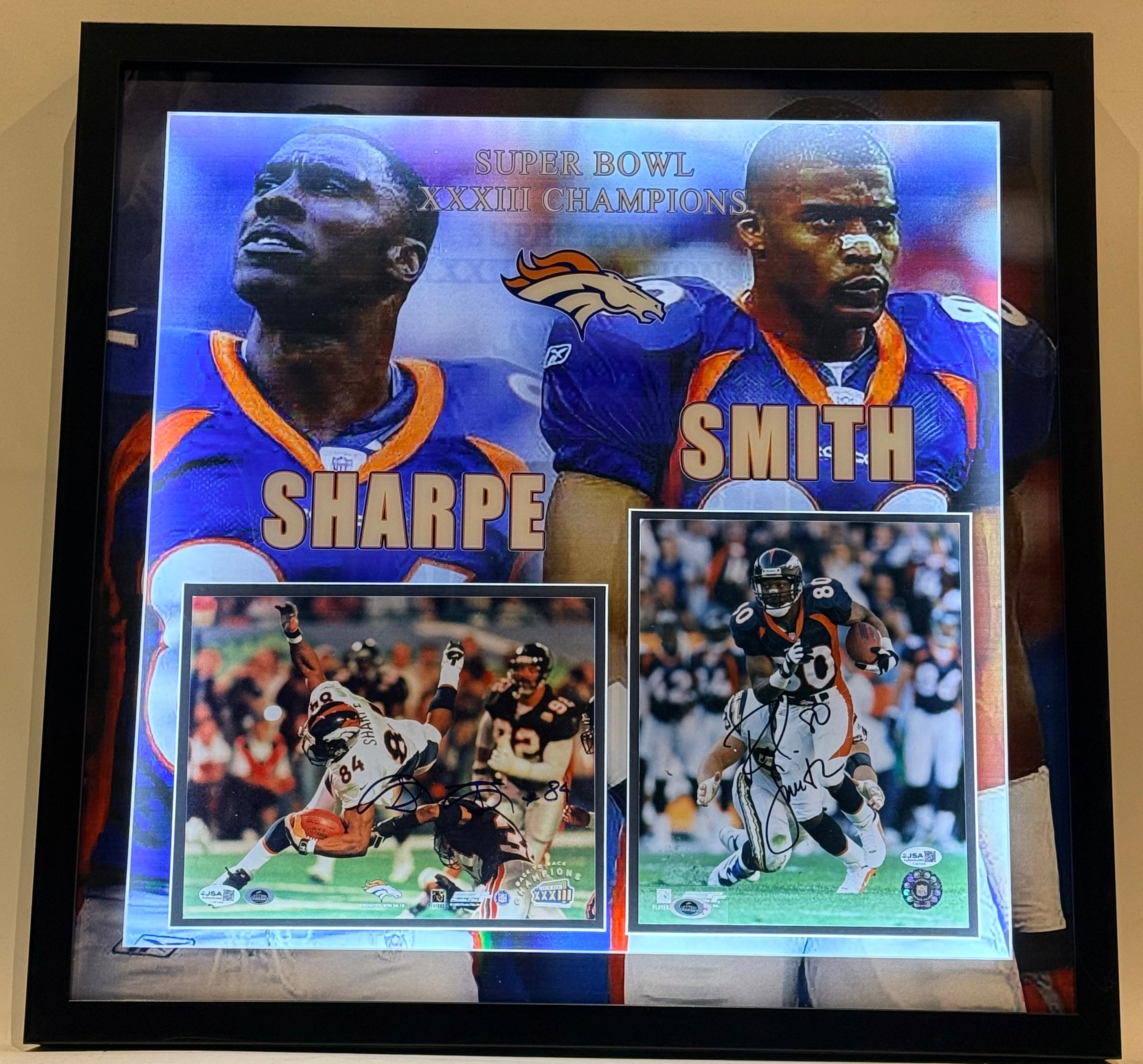 Shannon Sharpe & Rod Smith Dual Autographed 8x10 Photos – Custom Deluxe Lighted Shadowbox Frame | JSA COA