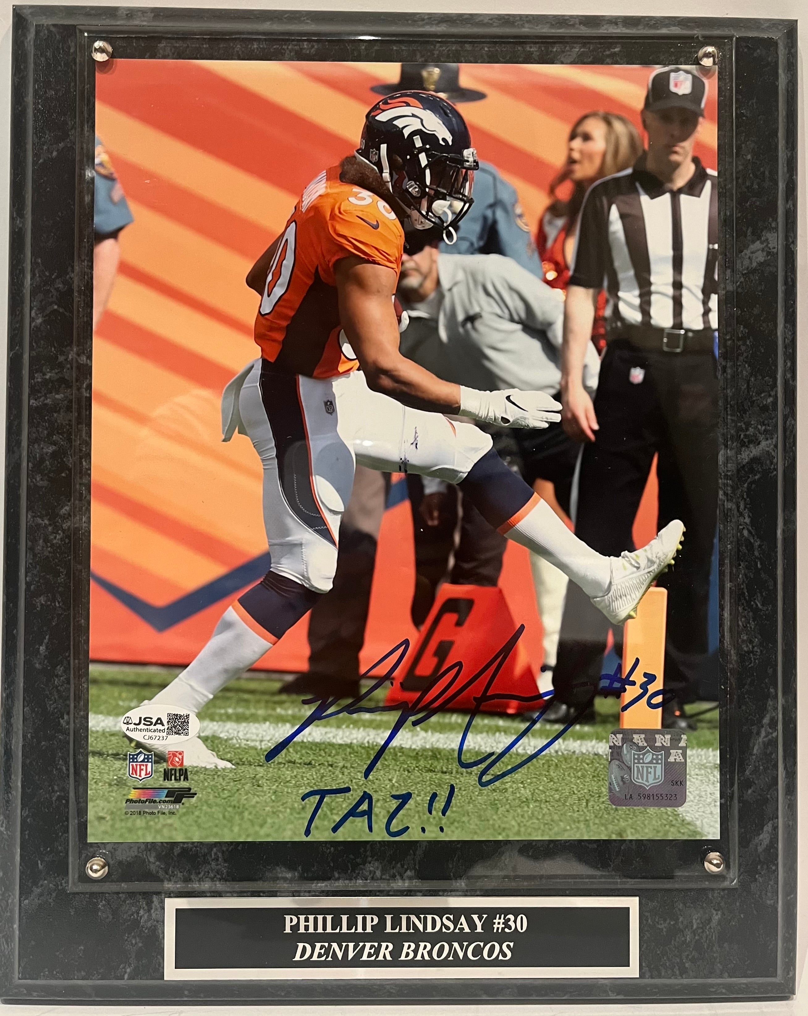 Phillip Lindsay Autographed 8x10 Photo — Denver Broncos | Display Plaque, JSA COA, Pro Bowl RB