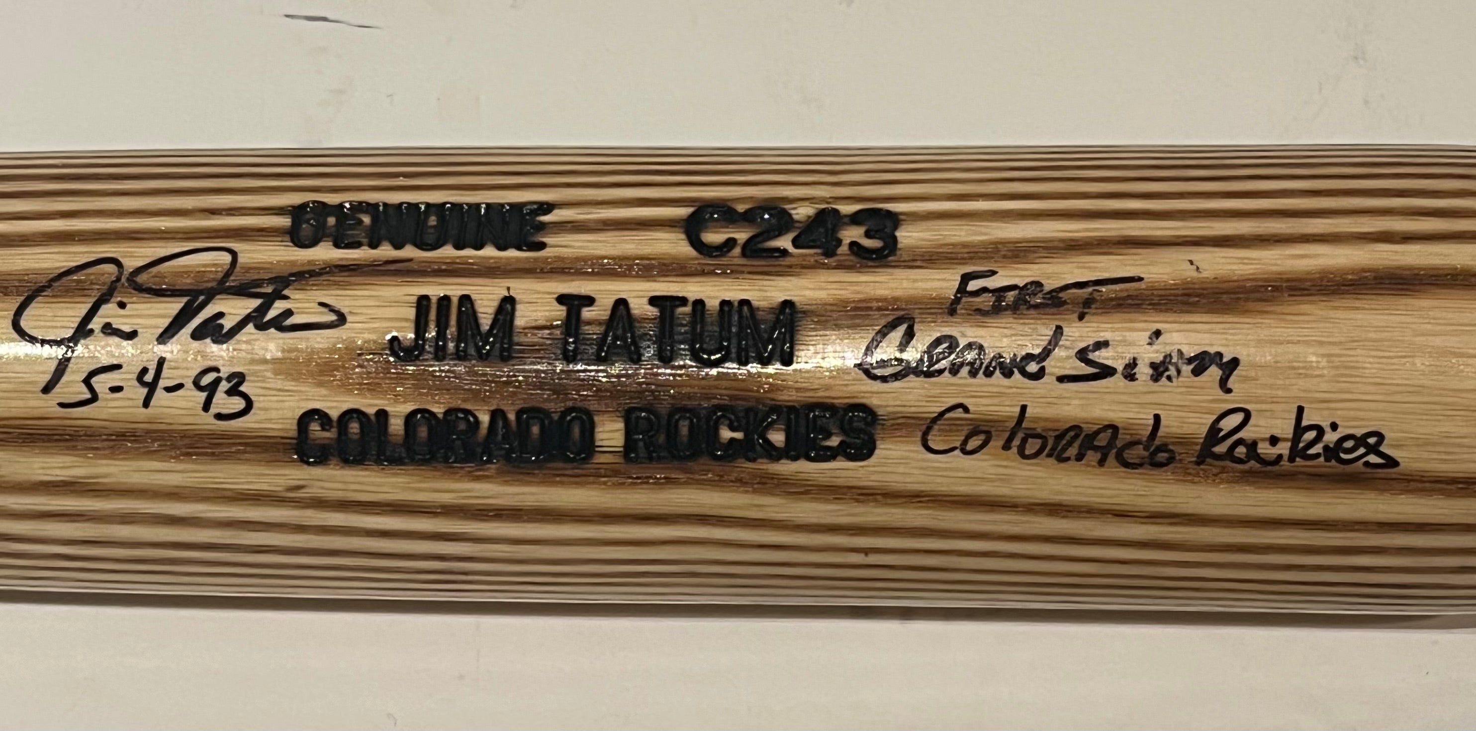 Jim Tatum Autographed Louisville Slugger Bat – Inscribed "First Ever Rockies Grand Slam" | Colorado Rockies | JSA COA