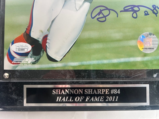 Shannon Sharpe Autographed 8x10 Orange Jersey Photo with Plaque JSA COA