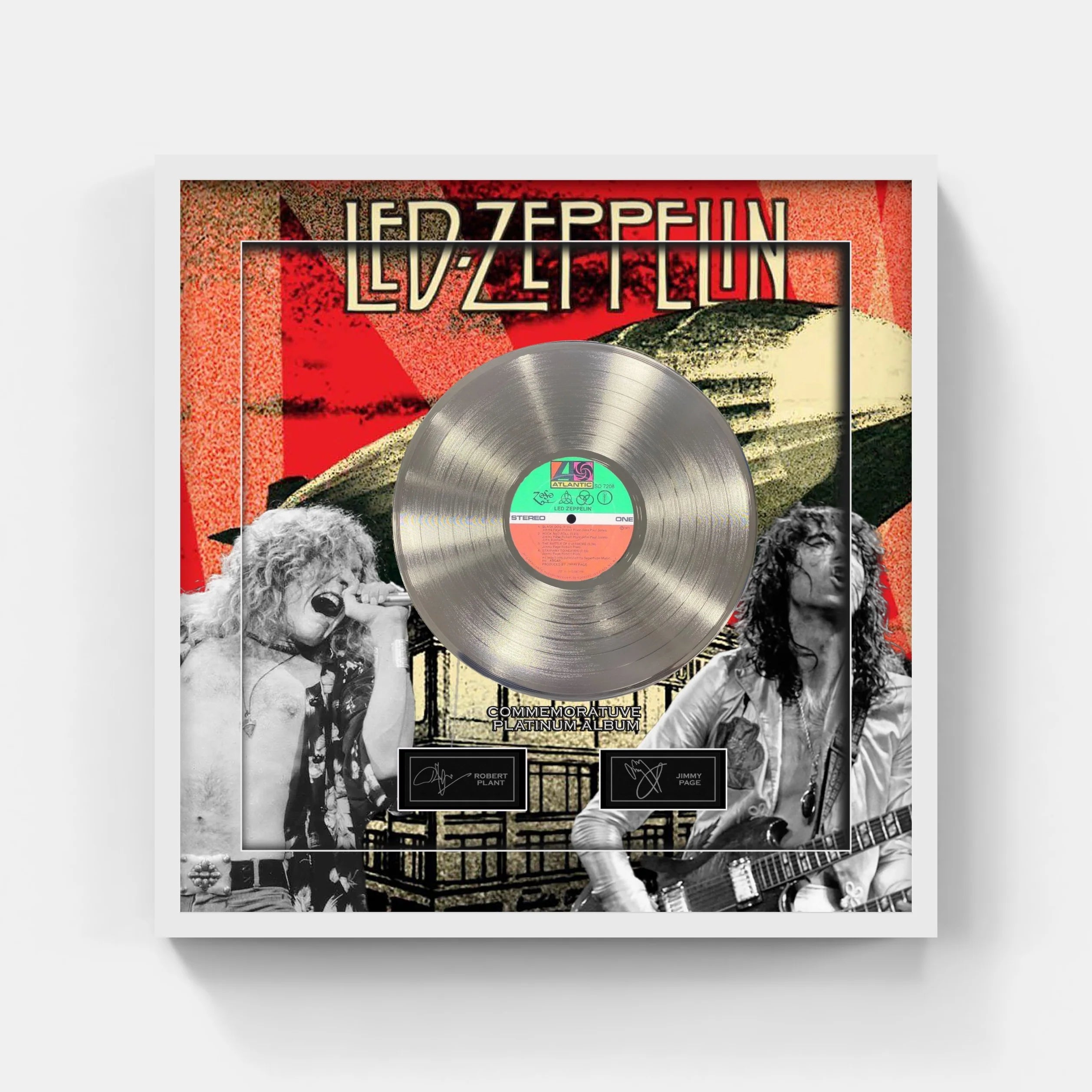Led Zeppelin Robert Plant & Jimmy Page Lazer Engraved Signatures with Commemorative Platinum Album (Charity) - Latitude Sports Marketing