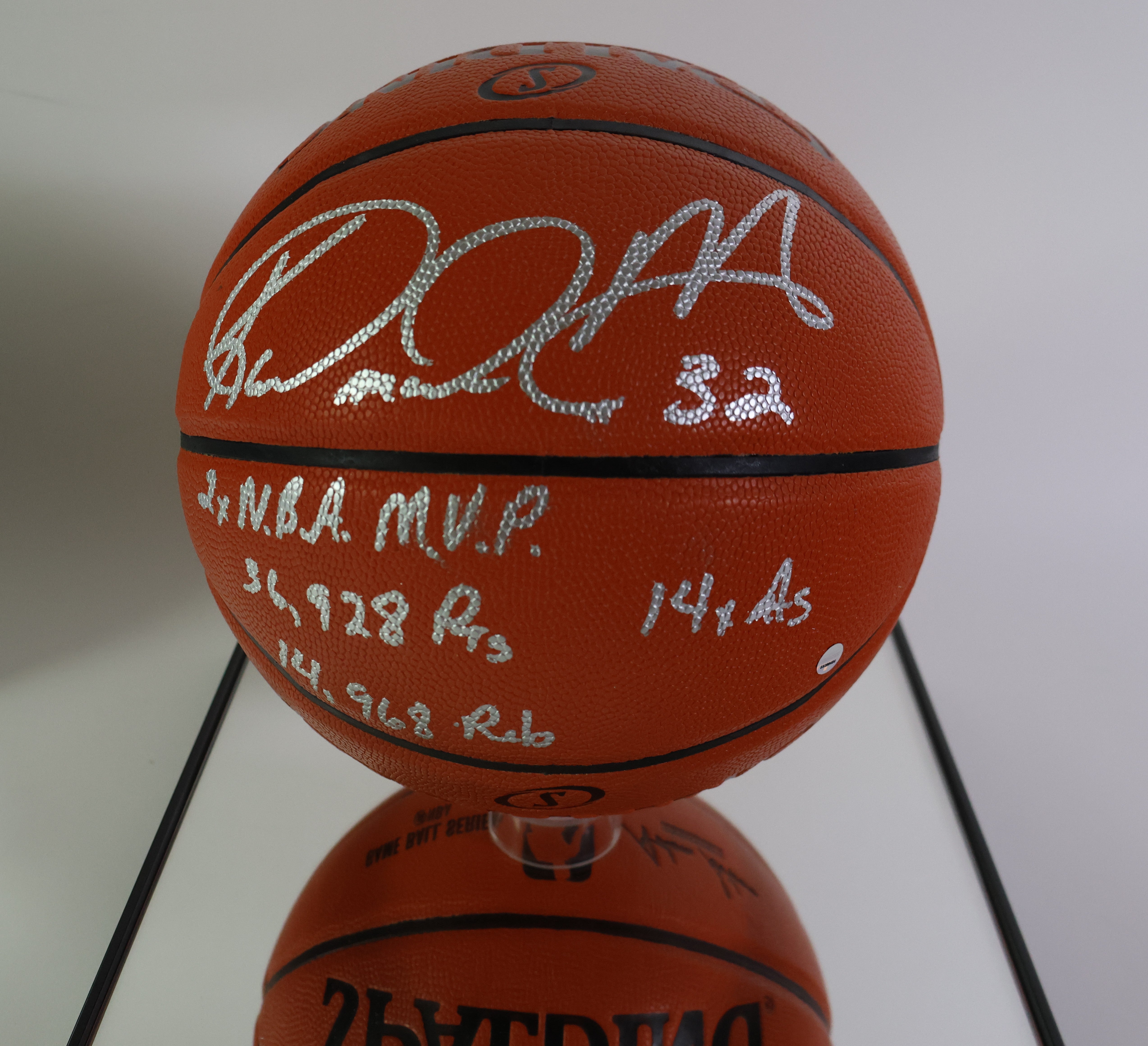 Karl Malone Autographed/4x Inscribed Spalding Ball in Utah Jazz Case Steiner COA