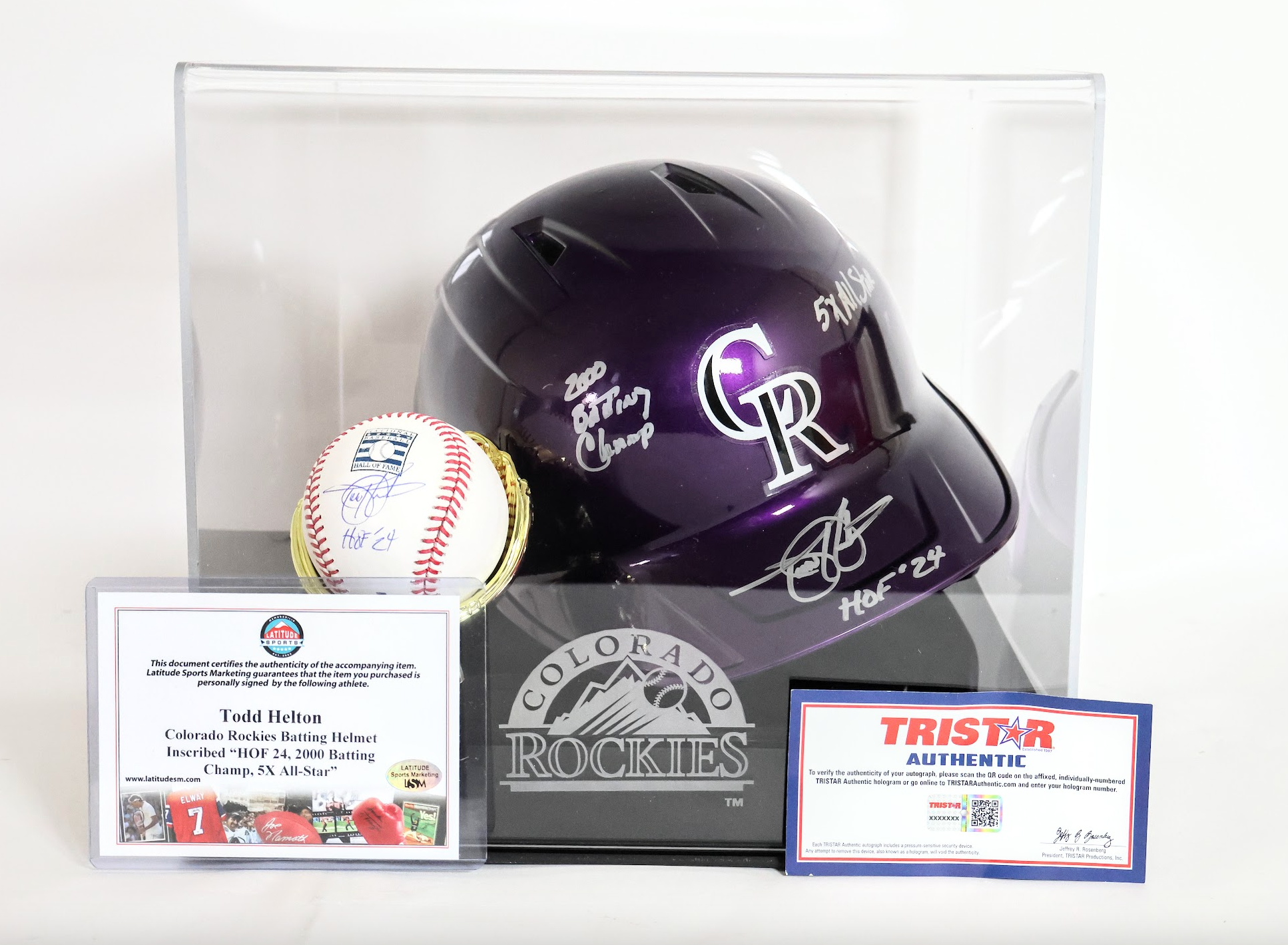 Todd Helton Colorado Rockies Signed Metallic Helmet & Baseball Inscribed with Rockies Case - TRISTAR
