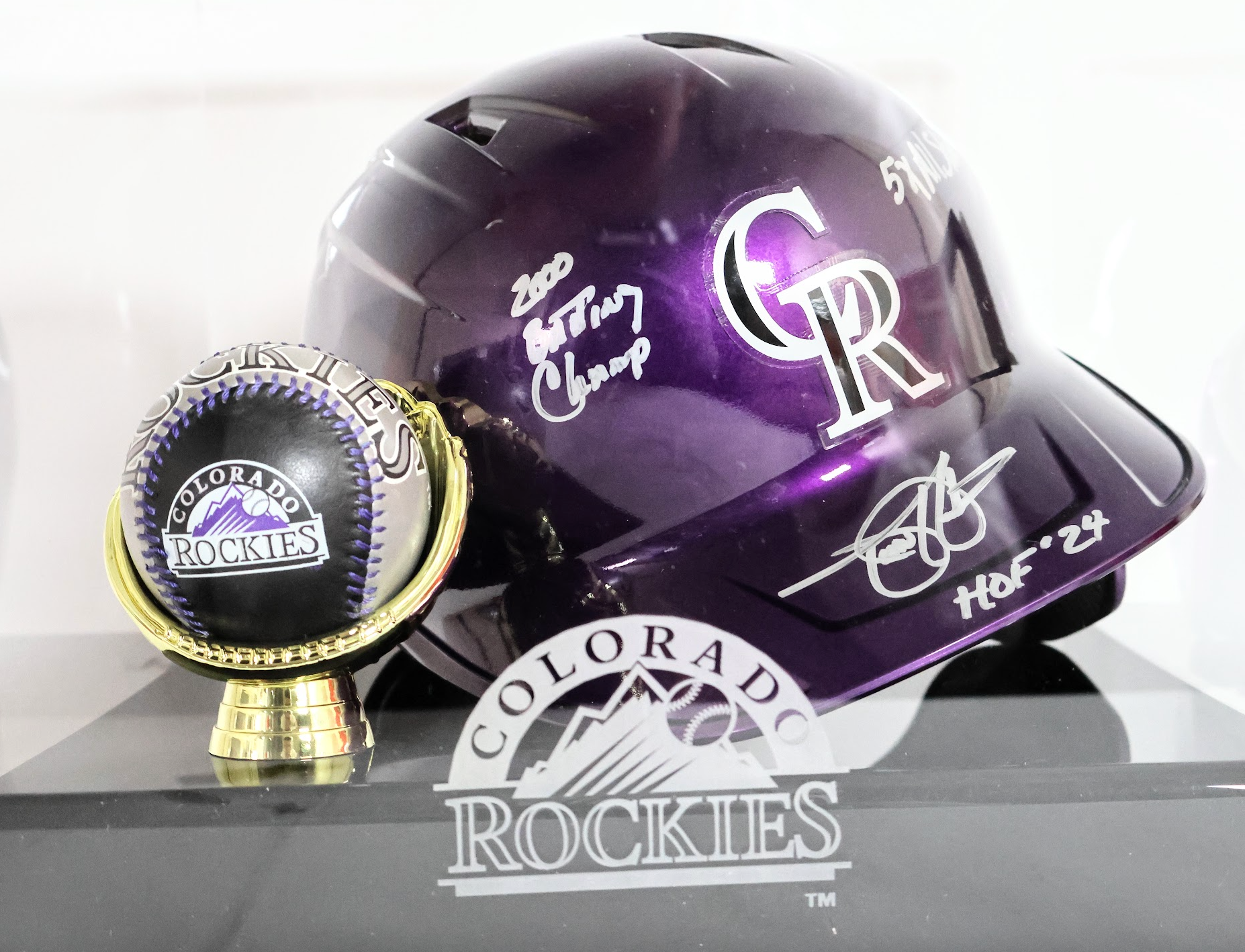Todd Helton Colorado Rockies Signed Helmet Inscribed & Multi-Colored Rockies Baseball with Rockies Case
